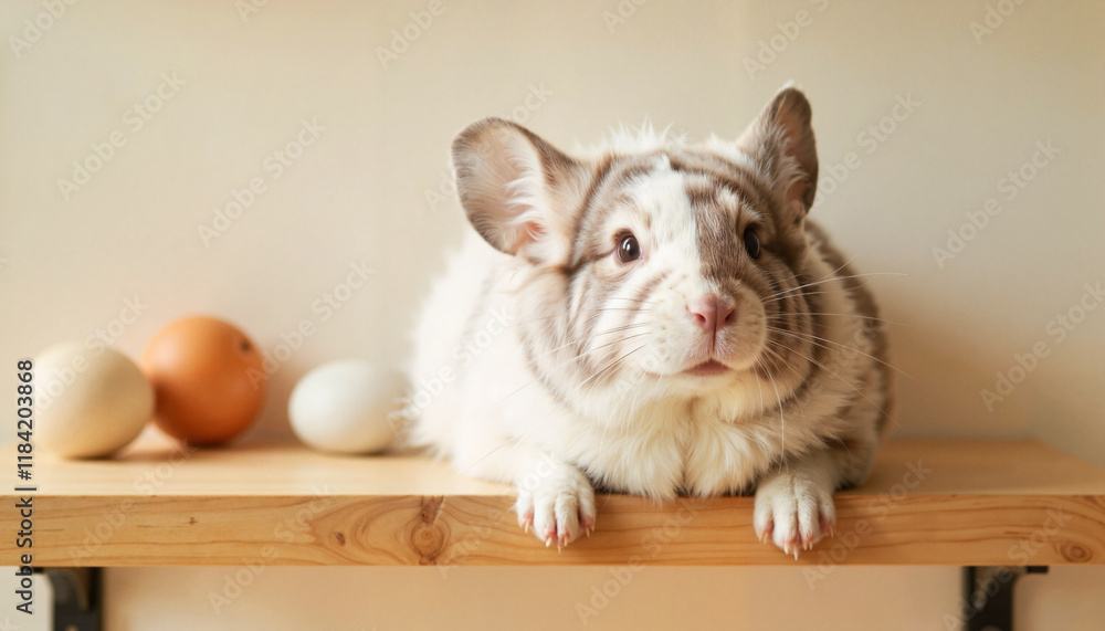 Obraz premium Fluffy chinchilla relaxing on wooden shelf in simple room, pet bond