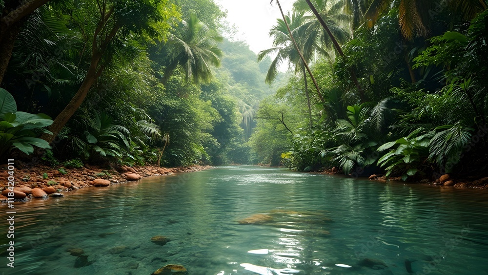 Obraz premium Lush Red Rainforest River, Pristine Water and Nature Preservation