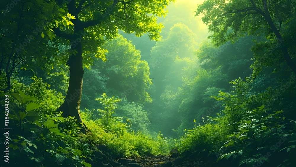 Obraz premium Lush Green Forest Path, Vibrant Nature Scene with Sunlight Filtering Through Canopy