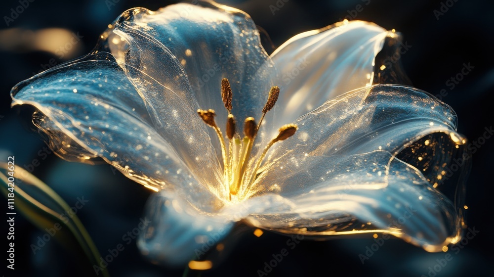 Naklejka premium Glass Lily flower, abstract floral glassmorphism wallpaper, translusent and luminous effect on dark background