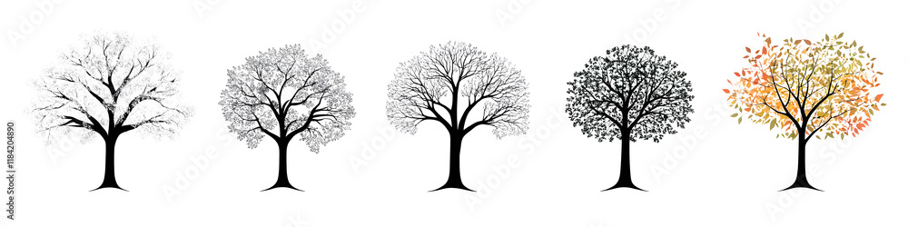 Fototapeta premium Set of elegant tree silhouette shapes in various seasons styles and colors Minimalist abstract and natural tree suitable for backgrounds logos icons and decorative designs