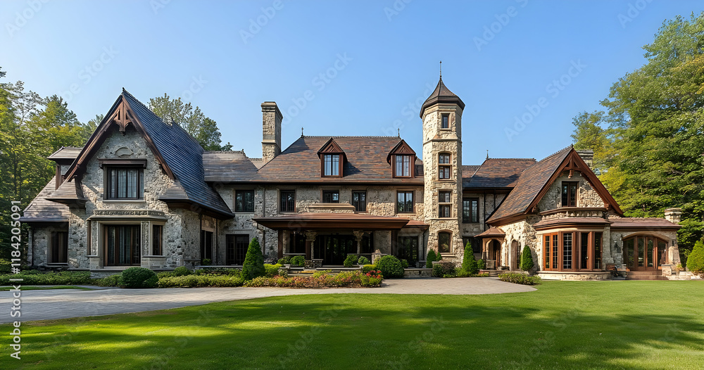A grand stone mansion surrounded by lush greenery and a clear blue sky. A grand stone mansion surrounded by lush greenery and a clear blue sky.