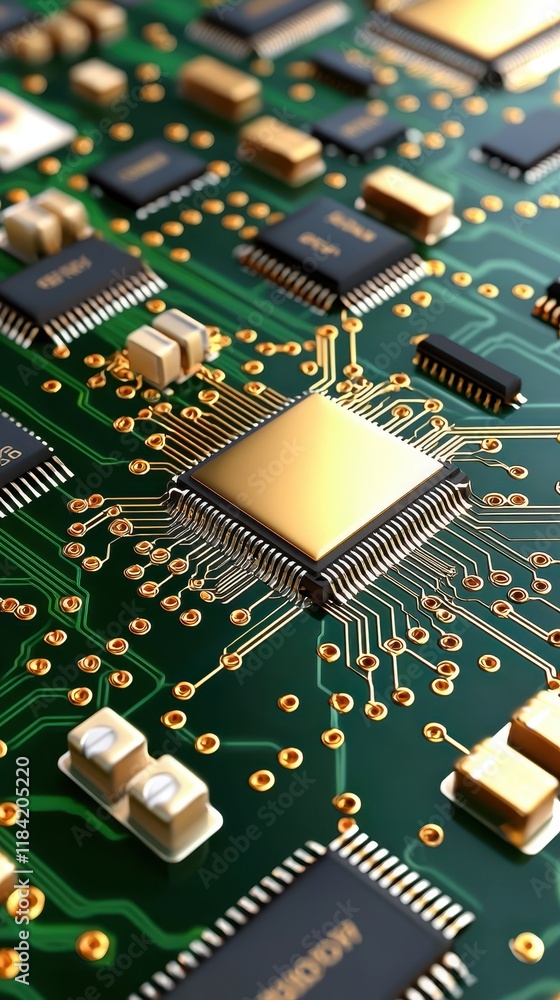 Close-Up of a Complex Circuit Board with Microchips and Electronic Components on a Green Background Close-Up of a Complex Circuit Board with Microchips and Electronic Components on a Green Background