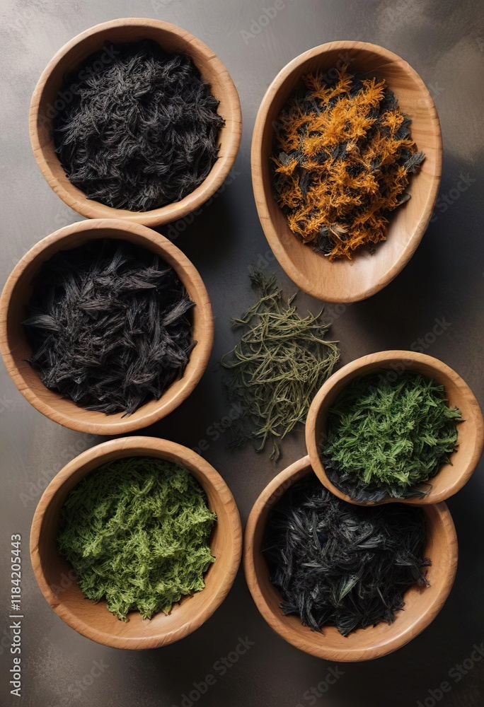 Wooden bowl filled with dried and wet seaweed in different stages of drying, textures, marina, natural fiber Wooden bowl filled with dried and wet seaweed in different stages of drying, textures, marina, natural fiber