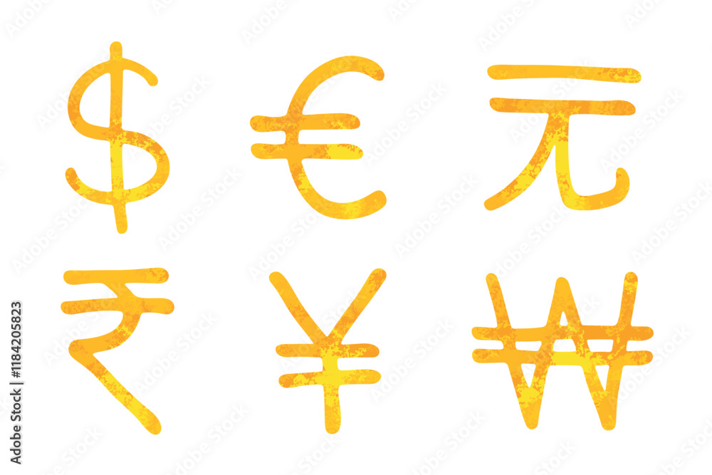 Obraz premium Hand drawn multiple gold currencies symbol set Dollar euro yuan yen won rupee