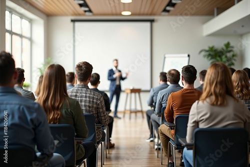 Professional Business Conference with Engaged Audience in a Modern Meeting Room during Presentation