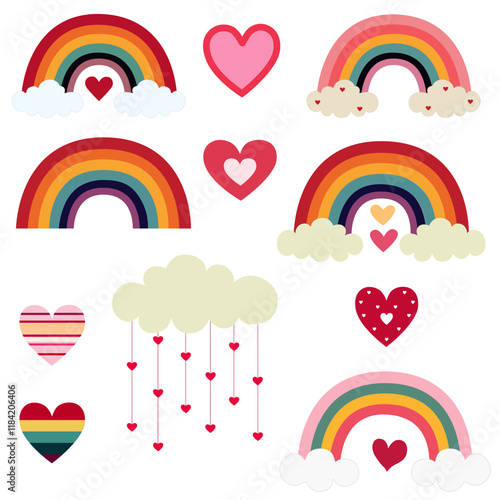 Valentine rainbows of love and hearts cute graphic elements design on white background. Vector illustration for special time.