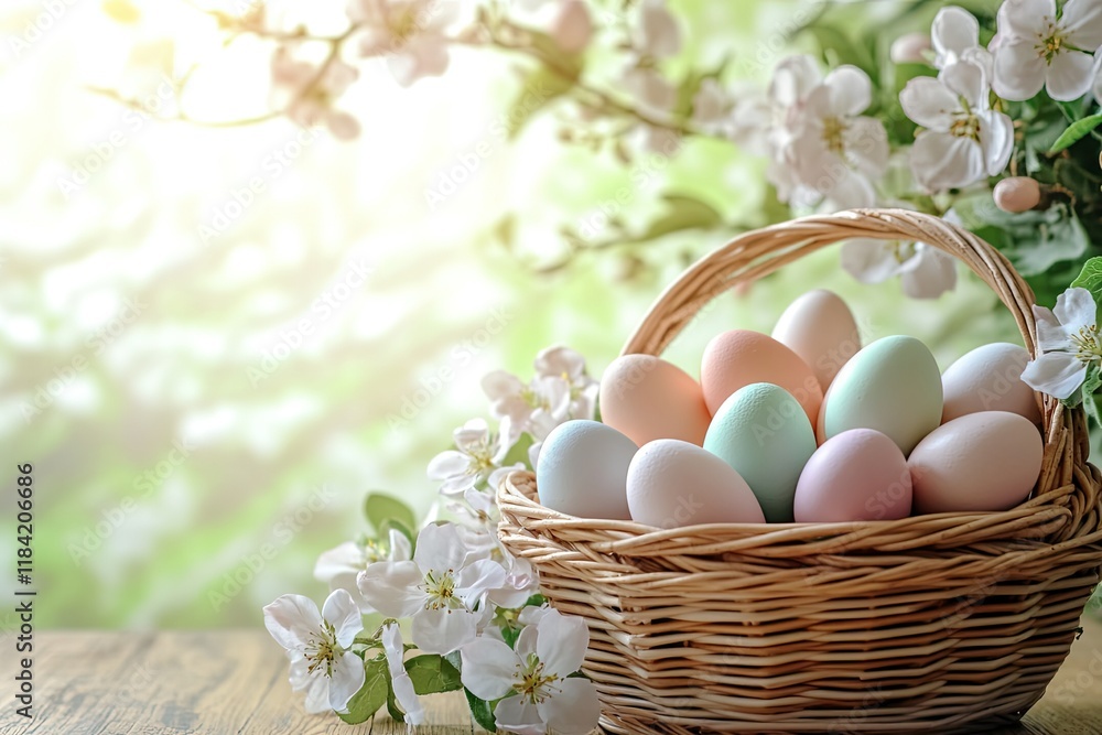 Colorful eggs nestled in woven basket, surrounded by delicate bl Colorful eggs nestled in woven basket, surrounded by delicate bl