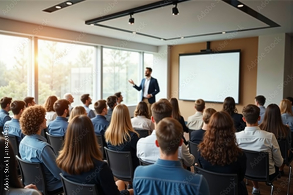 Professional Business Conference with Engaged Audience in a Modern Meeting Room during Presentation