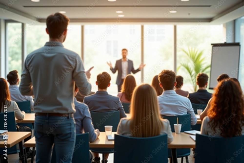 Professional Business Conference with Engaged Audience in a Modern Meeting Room during Presentation Professional Business Conference with Engaged Audience in a Modern Meeting Room during Presentation