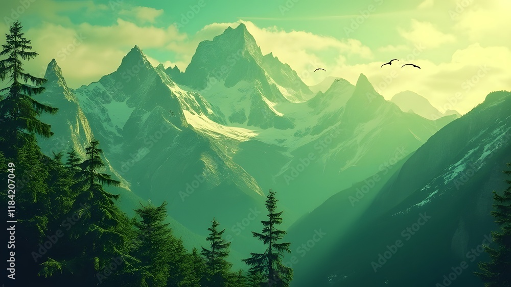 Fototapeta premium Serene Green Mountain Peaks, Breathtaking Scenic View of Majestic Alpine Landscape, Travel Inspiration