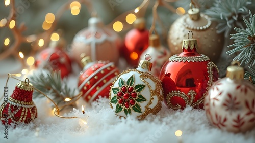 Vintage Christmas Ornaments, Close-up of Intricate Glass, Ceramic, and Metal Holiday Decorations in Red, Gold, and White on Snowy Background