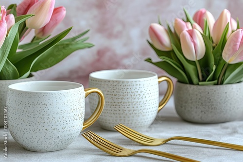 Elegant cups with golden handles beside delicate bouquet of tuli