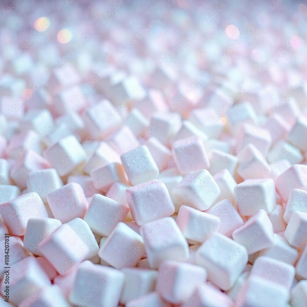 Iridescent colors and sparkles on a bed of soft, white mini marshmallows, iridescent, background, texture Iridescent colors and sparkles on a bed of soft, white mini marshmallows, iridescent, background, texture