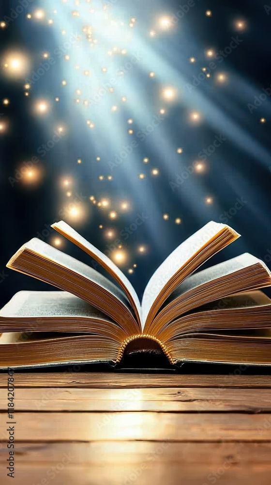 Open Book with Magical Light Rays and Sparkles on Wooden Table Surface in Enchanting Atmosphere Open Book with Magical Light Rays and Sparkles on Wooden Table Surface in Enchanting Atmosphere
