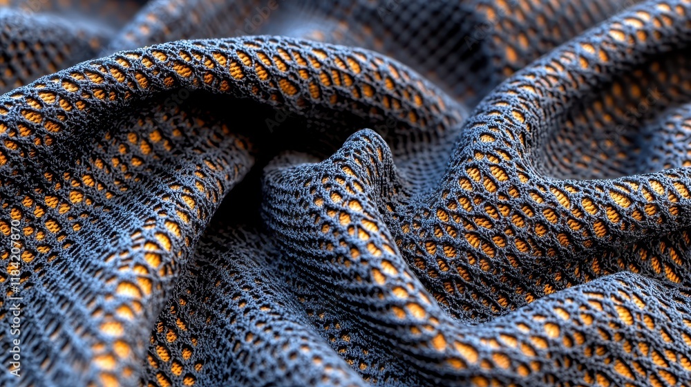 Close-Up View of Intricate Textile Weave with Vivid Texture and Patterns in Blue and Orange Tones Close-Up View of Intricate Textile Weave with Vivid Texture and Patterns in Blue and Orange Tones