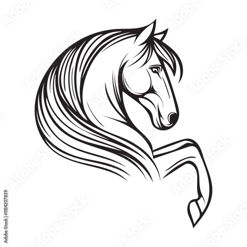 Simple black and white vector of a pony horse's head with a flowing mane, minimal out lines and silhouette illustration. Ideal for logos, tattoos, shirts, or as an elegant equestrian abstract symbol 