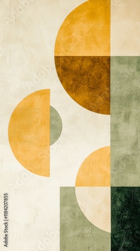 Bold geometric shapes come together in a captivating blend of butter yellow and earthy hues, creating a stunning visual composition that energizes any space