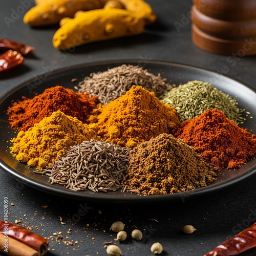 Indian spices like turmeric, peppers, chill organized in a plate with a whole turmeric in background photo