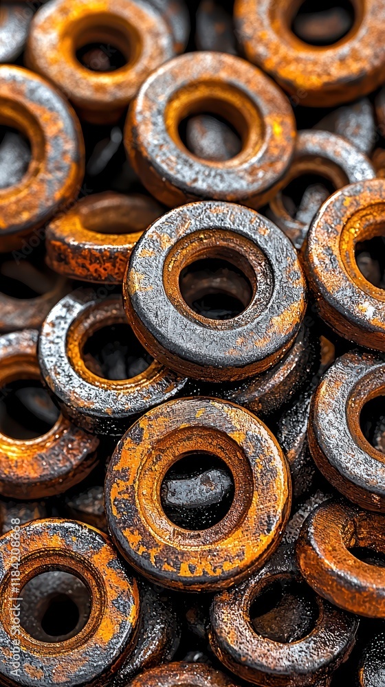 Close-up View of Rusty Metal Washers with Textured Surfaces and Vivid Orange and Brown Hues Close-up View of Rusty Metal Washers with Textured Surfaces and Vivid Orange and Brown Hues