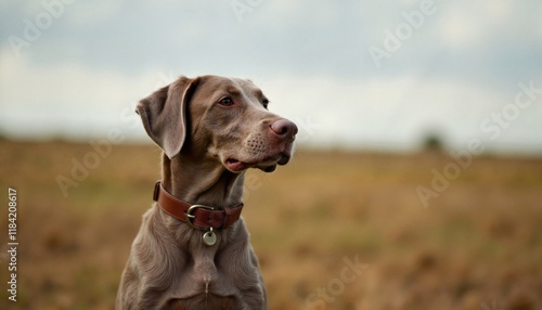 Weimaraner dog sitting in field under cloudy sky