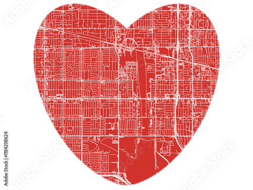 Heart-Shaped Map of Van Nuys  California, USA in Bold Red and White Design. photo