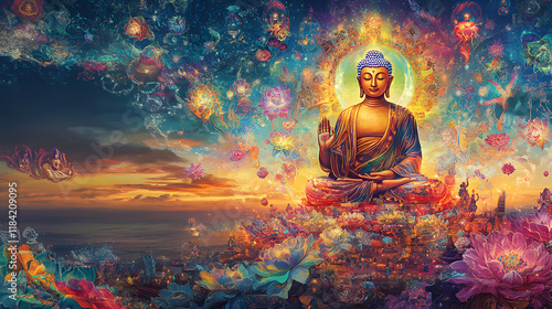 Wallpaper Mural Buddha teaching the Dharma to disciples, surrounded by celestial beings and divine light. Torontodigital.ca