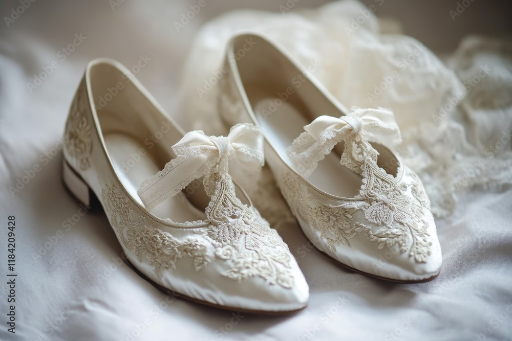 Obraz premium Elegant white shoes adorned with lace and ribbon detail, perfect