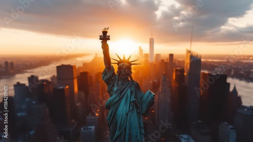 Lady Liberty's majestic silhouette at sunset, overlooking a vibrant cityscape. photo