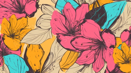 Wallpaper Mural A seamless floral pattern with bold tropical flowers in vibrant hues of fuchsia, sunny yellow, and turquoise. Torontodigital.ca