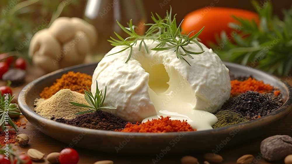 Mouthwatering Creamy Burrata Cheese with Italian Spices and Herbs, High-Contrast Rustic Food Photography Mouthwatering Creamy Burrata Cheese with Italian Spices and Herbs, High-Contrast Rustic Food Photography