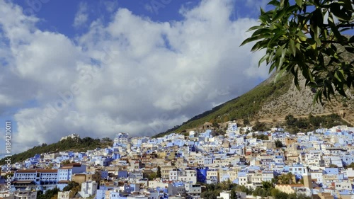 View of the Medina (old town) of Chefchaouen, in Morocco. Famous tourist travel destination because of its blue-painted houses. 4k footage.
