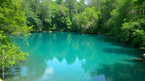 Serene Cyan Lake, Pristine Water and Lush Nature Preservation