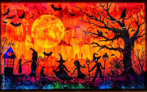 Halloween Night:  Silhouette painting of  trick-or-treaters, witches, and bats under a full moon  in a haunted town.  A dark and eerie scene with a mystical glow.   photo