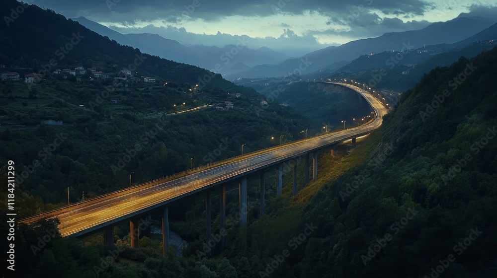 An overhead image of a freeway bridge that connects towns at nightfall, spanning a valley with green hills and forests, as part of infrastructural expansion. An overhead image of a freeway bridge that connects towns at nightfall, spanning a valley with green hills and forests, as part of infrastructural expansion.