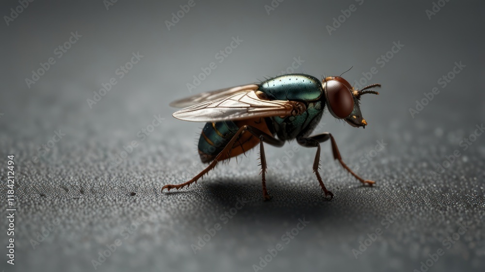 Obraz premium Close-up of a metallic green fly on a dark surface.