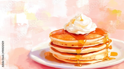 Fluffy Pancakes Drizzled with Syrup and Whipped Cream