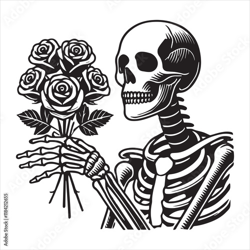 Flowers with Skull Clipart Sublimation - Man skeleton Holding Rose illustration Vector
