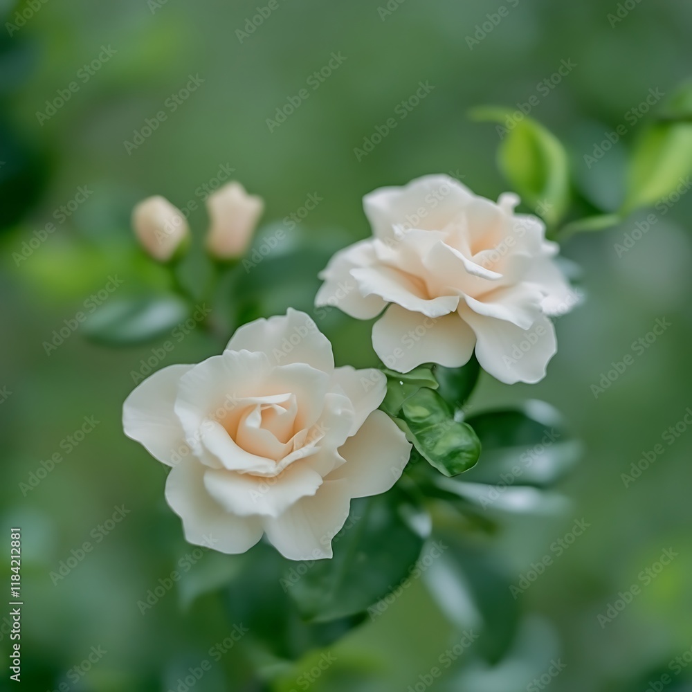 Two Delicate Cream Roses Bloom On Green Foliage