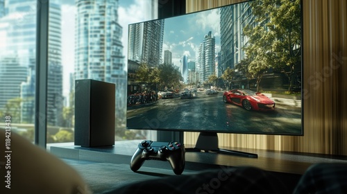 Modern Gaming Setup with Large TV Screen and Controllers