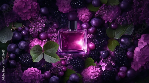 Purple Perfume Bottle Surrounded by Flowers and Berries