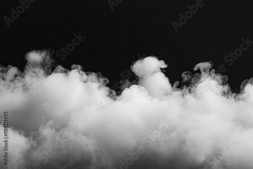 White mist envelops dark landscape, ethereal white clouds drift, captivating opalescent smoke shrouds scenery, creating an enchanting atmosphere for serene imagery and atmospheric backgrounds photo