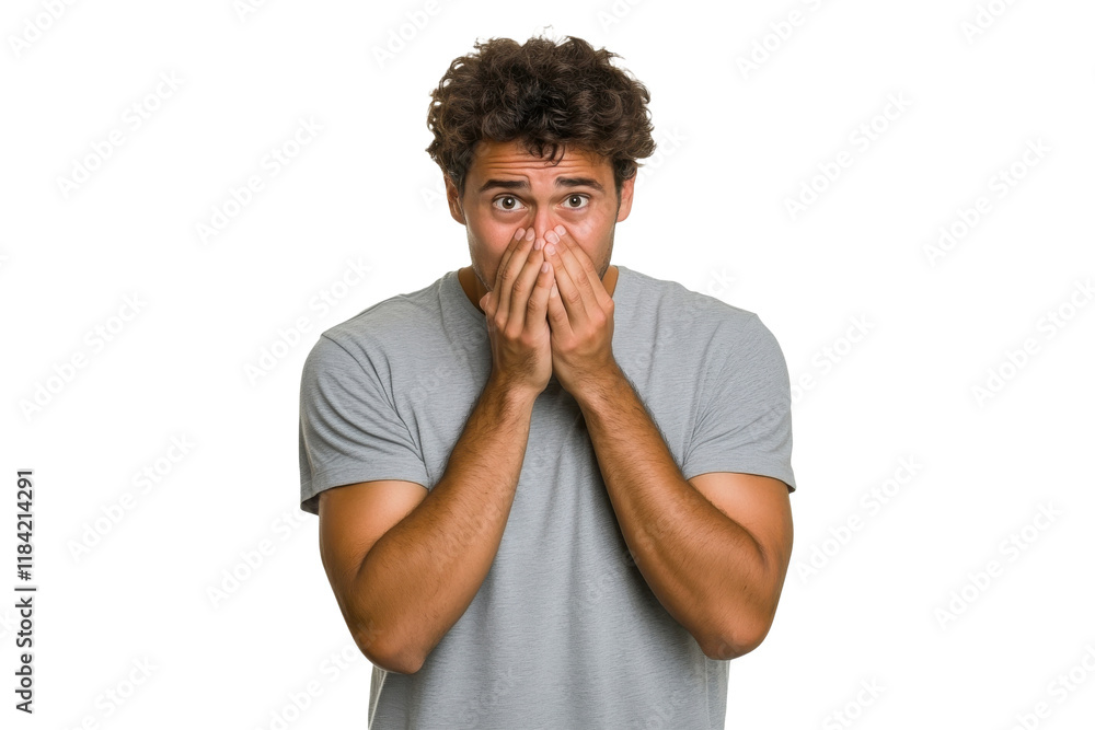 Surprised man covering his mouth with both hands in a gray t-shirt, isolated on transparent background
Surprised man covering his mouth with both hands in a gray t-shirt, isolated on transparent background