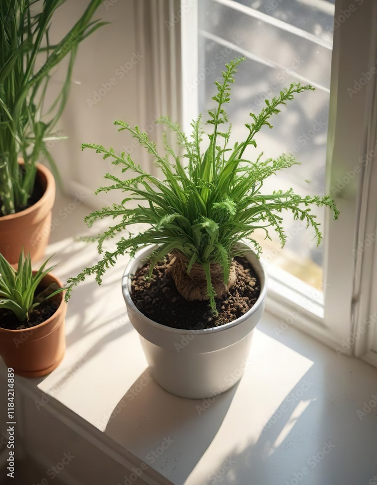 Fototapeta premium An overhead view of the Albuca spiralis cv Frizzle Sizzle bulb and its pot, placed on a sunny windowsill or in a bright spot , windowsill, bulb