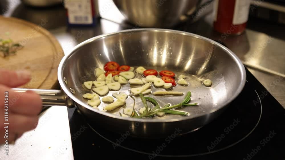Garlic slices, kitchen utensils, pepper frying. Close-up shot garlic slices, chili peppers, rosemary sprigs frying in oil inside stainless steel pan. Hand holding pan handle suggests active cooking Garlic slices, kitchen utensils, pepper frying. Close-up shot garlic slices, chili peppers, rosemary sprigs frying in oil inside stainless steel pan. Hand holding pan handle suggests active cooking