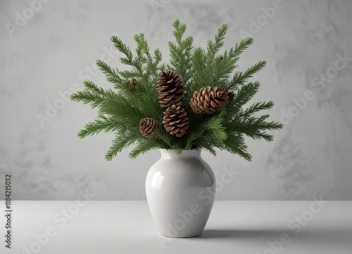 A vase filled with evergreen branches and pinecones, holiday centerpiece, photo