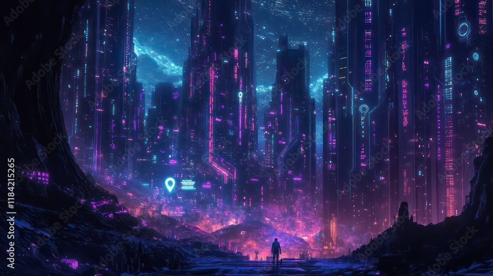 Futuristic city skyline at night, viewed from a cave entrance. A lone figure stands in the foreground, gazing towards the glowing metropolis.