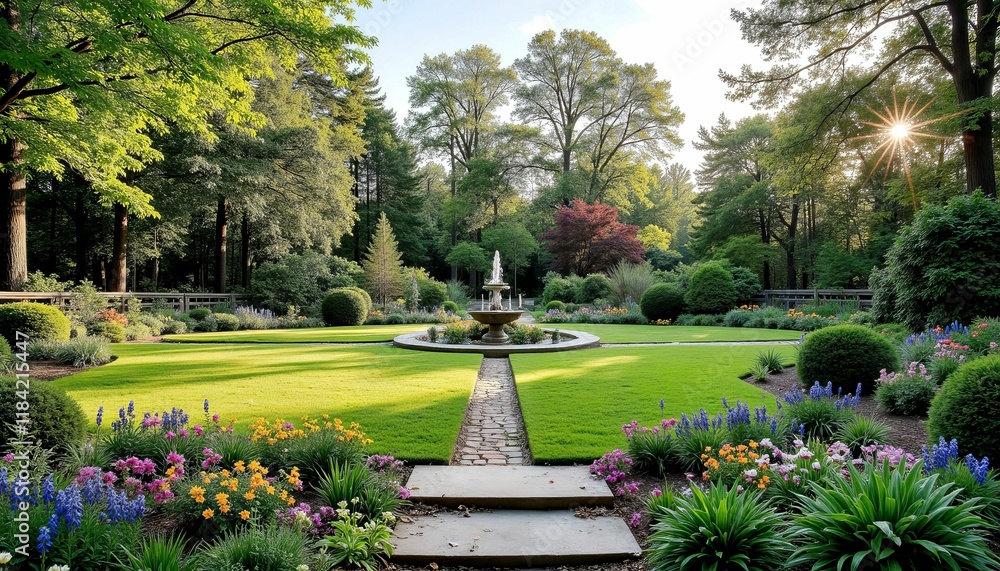 Obraz premium Elegant English Garden Landscape with Fountain and Perennial Flowers