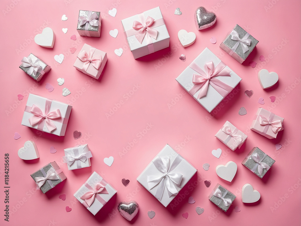Top view of valentine's day decorations white gift boxes with bows pink ribbon silver hearts on pastel pink background Top view of valentine's day decorations white gift boxes with bows pink ribbon silver hearts on pastel pink background