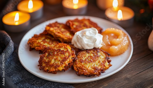festive Hanukkah dinner scene highlighting a plate of crispy latkes, served with creamy sour cream and sweet applesauce, surrounded by candles and holiday decor